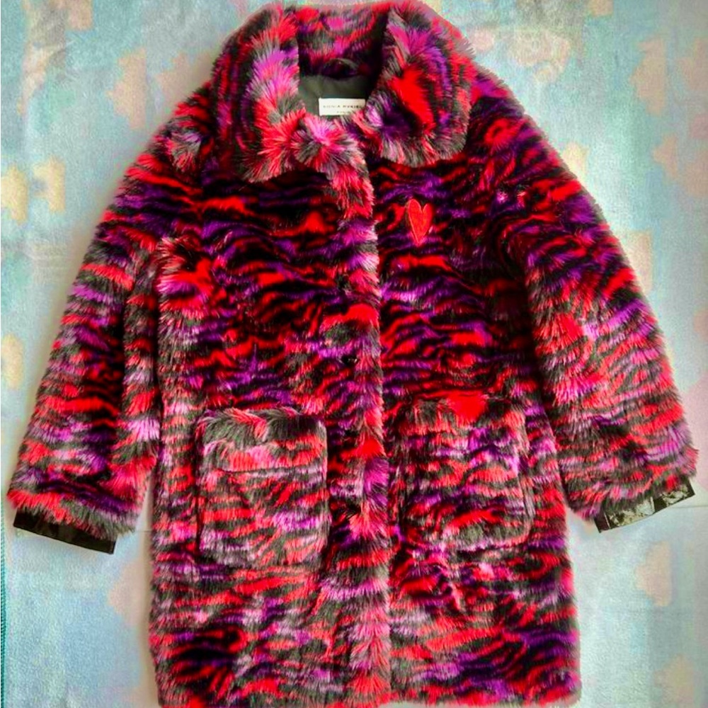 Sonia Rykiel Red and Purple Faux Fur Coat